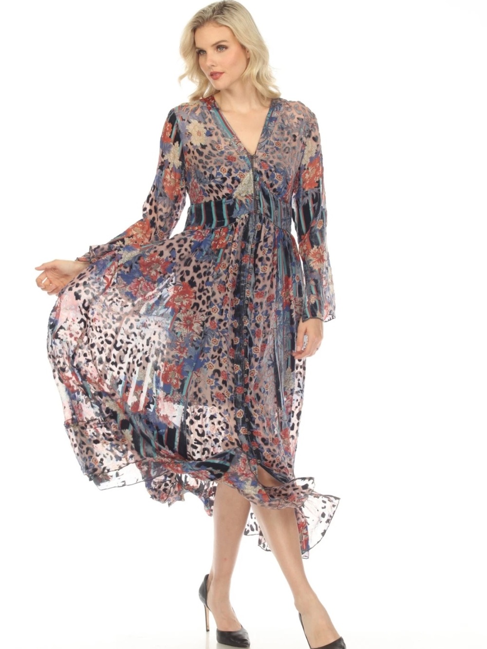 Johnny Was Multicolor Floral & Leopard Print Maxi Dress - Blue, Pink, Red